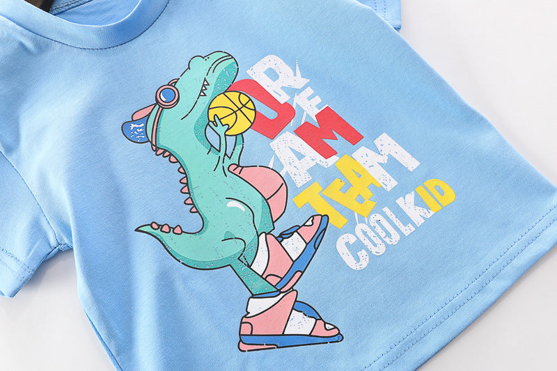 Cute Dino Printed Blue T-Shirt & Off White Cotton Shorts