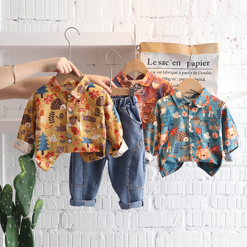 Cute Print Long Sleeve Shirt with Denim Jeans Two Color For 1-4.5 Years