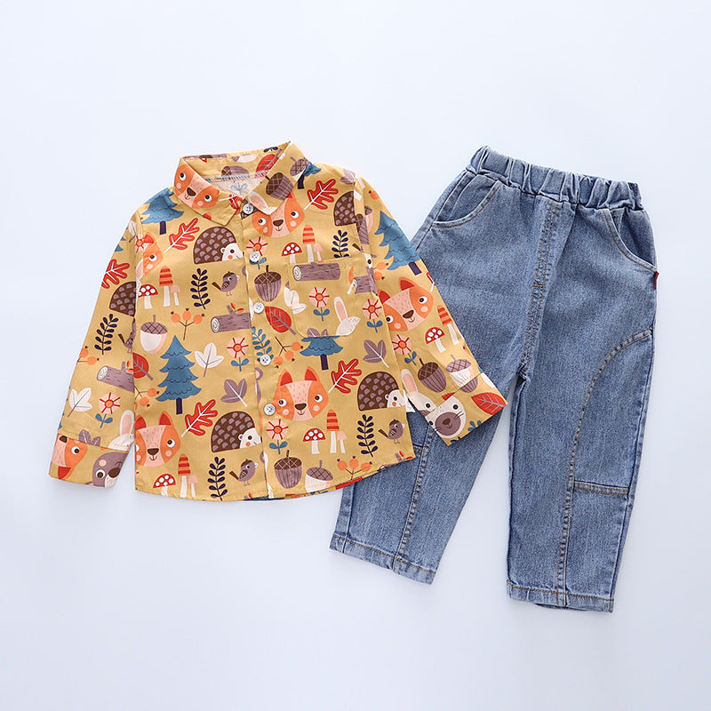 Cute Print Long Sleeve Shirt with Denim Jeans Two Color For 1-4.5 Years