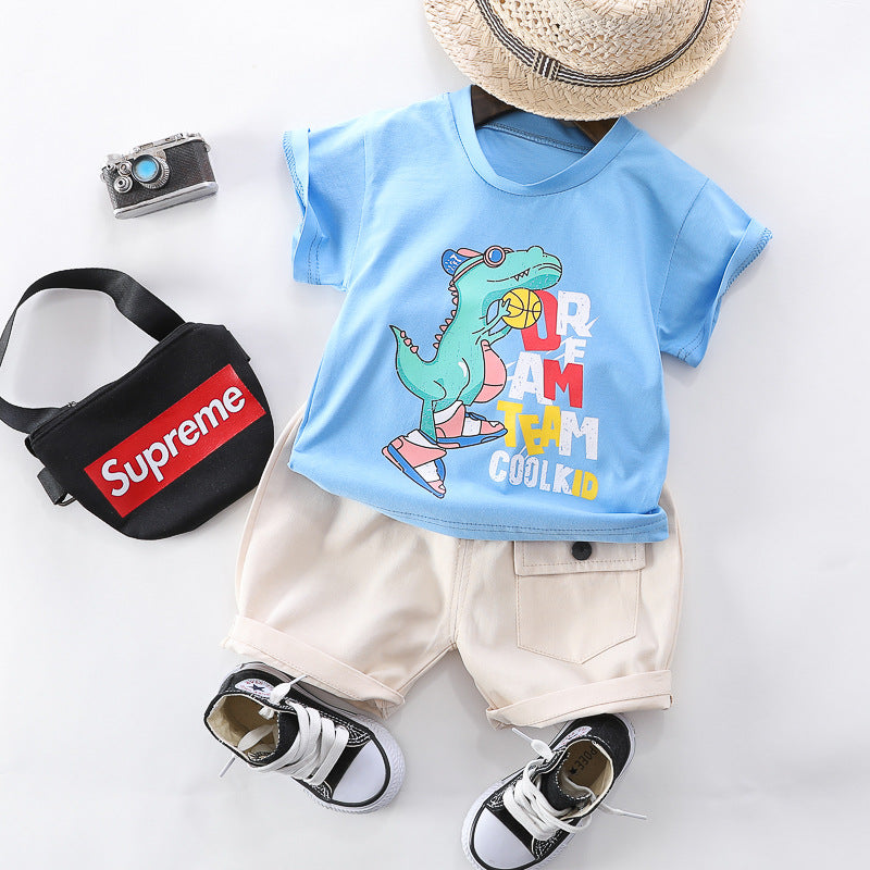 Cute Dino Printed Blue T-Shirt & Off White Cotton Shorts