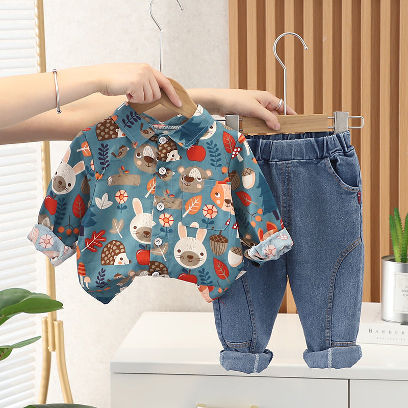 Cute Print Long Sleeve Shirt with Denim Jeans Two Color For 1-4.5 Years