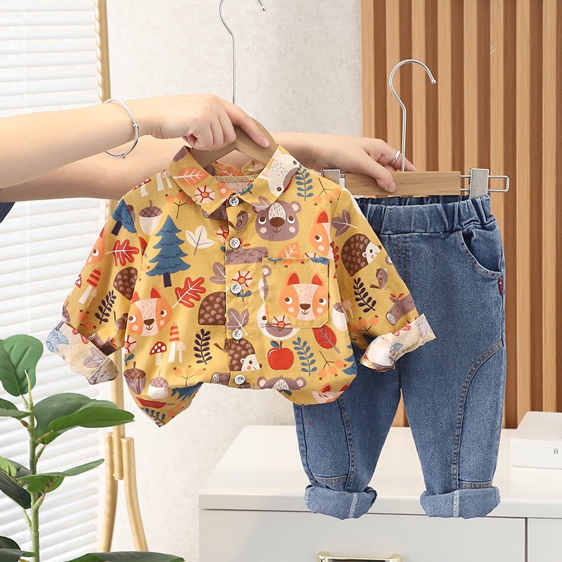 Cute Print Long Sleeve Shirt with Denim Jeans Two Color For 1-4.5 Years