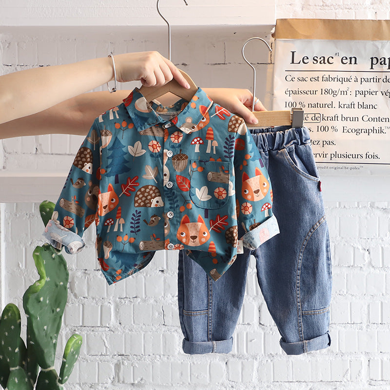 Cute Print Long Sleeve Shirt with Denim Jeans Two Color For 1-4.5 Years