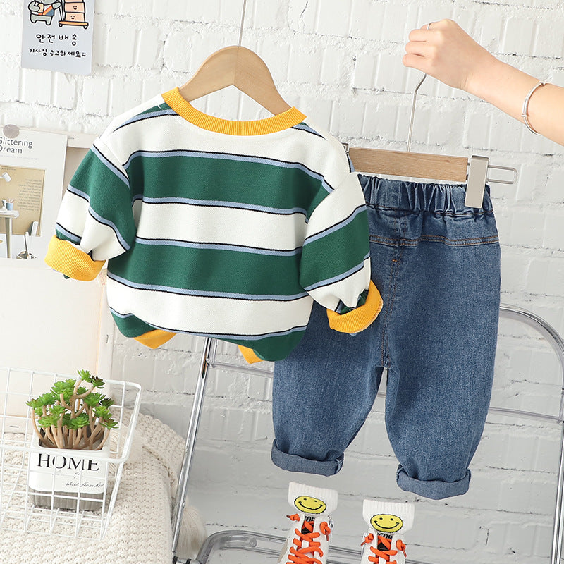 Boys Green Stripe Print Sweatshirt and Jeans Set