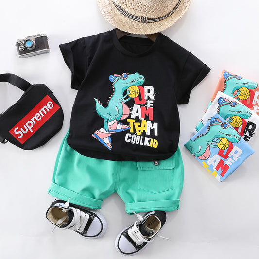 Cute Dino Printed Black T-Shirt & Zinc Cotton Shorts