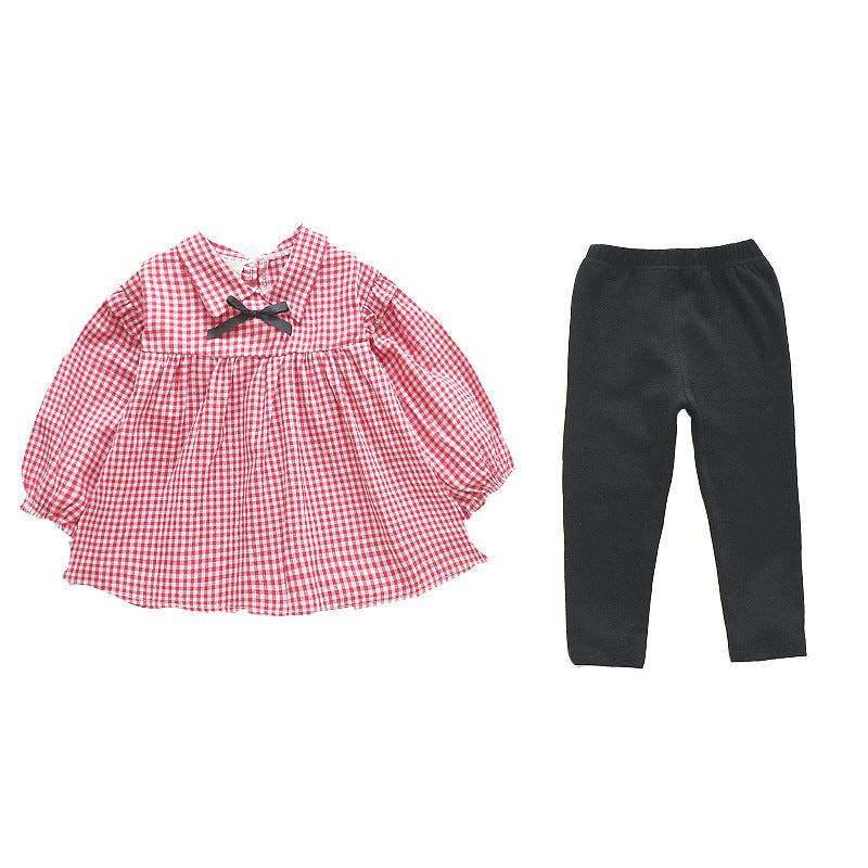 Cute Plaid Western Style Baby Girl Fashionable 2Pcs Suit Pink Color