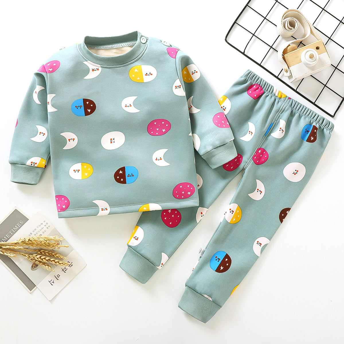 Unisex Warm Pajamas Sets Cute Moon Printed O-Neck Winter Track Suits