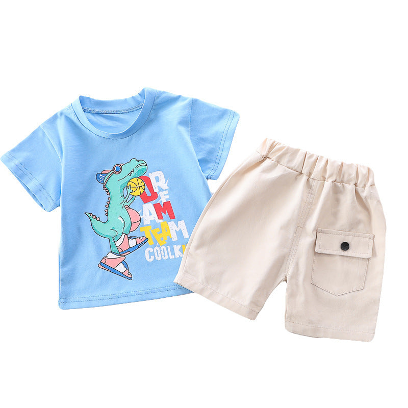 Cute Dino Printed Blue T-Shirt & Off White Cotton Shorts