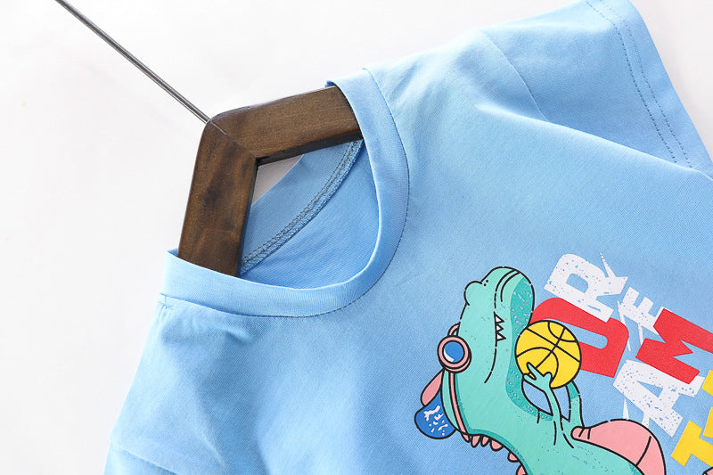 Cute Dino Printed Blue T-Shirt & Off White Cotton Shorts