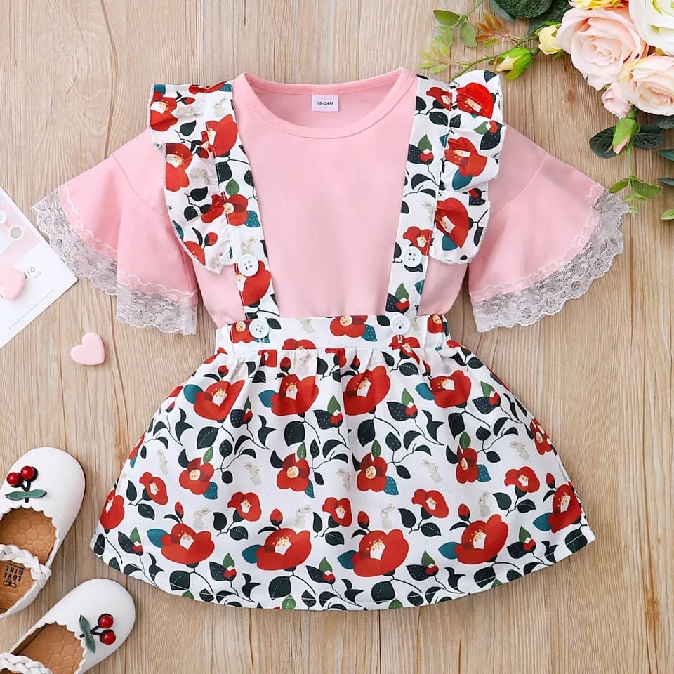 Floral Girl Outfit Short Sleeve 2-Piece Girls Dress 2.5-3.5 Years