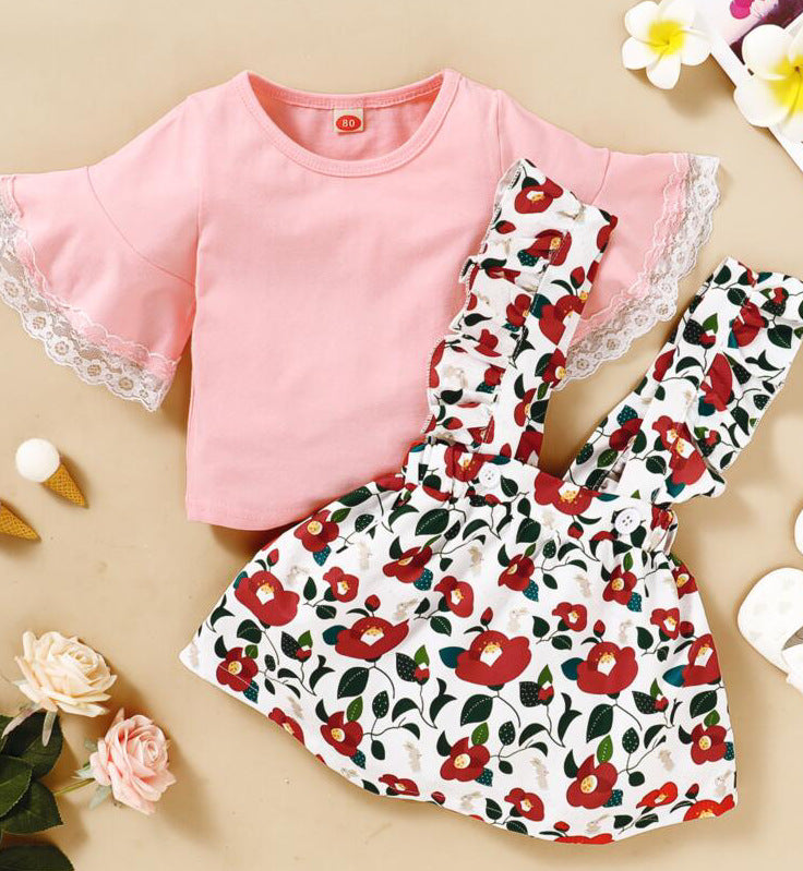 Floral Girl Outfit Short Sleeve 2-Piece Girls Dress 2.5-3.5 Years